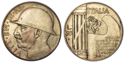 Regno D’italia. Vittorio Emanuele III di Savoia, 1900-1946. 20 Lire 1928/a. Vi. Elmetto.