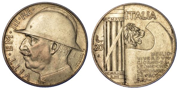 REGNO D’ITALIA. VITTORIO EMANUELE III DI SAVOIA, 1900-1946. 20 Lire 1928/A. VI. Elmetto.