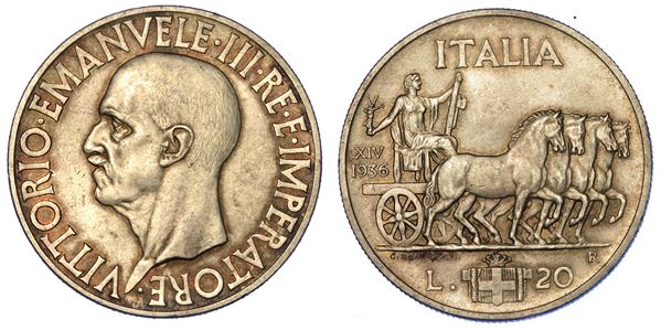 REGNO D’ITALIA. VITTORIO EMANUELE III DI SAVOIA, 1900-1946. 20 Lire 1936/A. XIV. Impero.