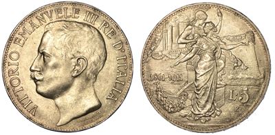 Regno D’italia. Vittorio Emanuele III di Savoia, 1900-1946. 5 Lire 1911. Cinquantenario.