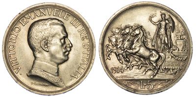 Regno D’italia. Vittorio Emanuele III di Savoia, 1900-1946. 5 Lire 1914. Quadriga Briosa.