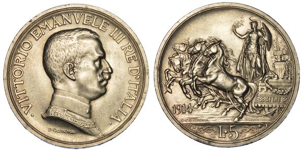 REGNO D’ITALIA. VITTORIO EMANUELE III DI SAVOIA, 1900-1946. 5 Lire 1914. Quadriga briosa.