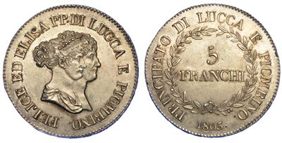 Lucca. Elisa Bonaparte e Felice Baciocchi, 1805-1814. 5 Franchi 1805.