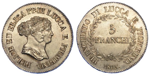 LUCCA. ELISA BONAPARTE E FELICE BACIOCCHI, 1805-1814. 5 Franchi 1805.