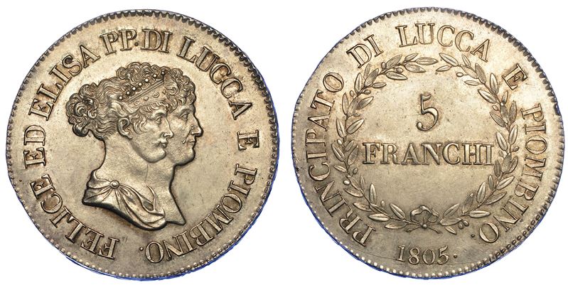 LUCCA. ELISA BONAPARTE E FELICE BACIOCCHI, 1805-1814. 5 Franchi 1805.  - Auction Numismatics - Cambi Casa d'Aste