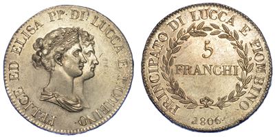 Lucca. Elisa Bonaparte e Felice Baciocchi, 1805-1814. 5 Franchi 1806.