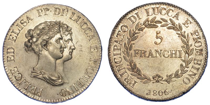 LUCCA. ELISA BONAPARTE E FELICE BACIOCCHI, 1805-1814. 5 Franchi 1806.  - Auction Numismatics - Cambi Casa d'Aste