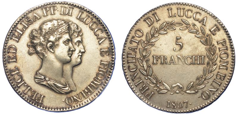 LUCCA. ELISA BONAPARTE E FELICE BACIOCCHI, 1805-1814. 5 Franchi 1807.  - Auction Numismatics - Cambi Casa d'Aste