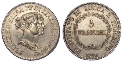 Lucca. Elisa Bonaparte e Felice Baciocchi, 1805-1814. 5 Franchi 1808.