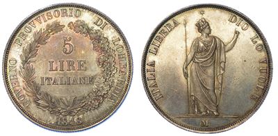 Milano. Governo Provvisorio di Lombardia 1848. 5 Lire 1848.