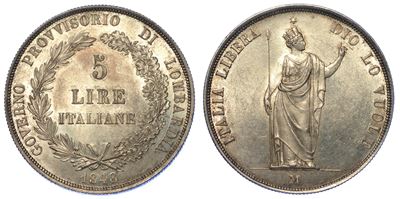 Milano. Governo Provvisorio di Lombardia 1848. 5 Lire 1848.