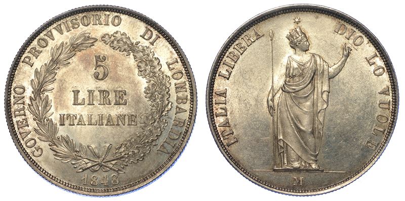 MILANO. GOVERNO PROVVISORIO DI LOMBARDIA 1848. 5 Lire 1848.  - Auction Numismatics - Cambi Casa d'Aste