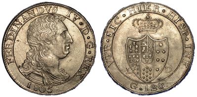 Napoli. Ferdinando IV di Borbone, 1759-1816. Piastra da 120 Grana 1805.