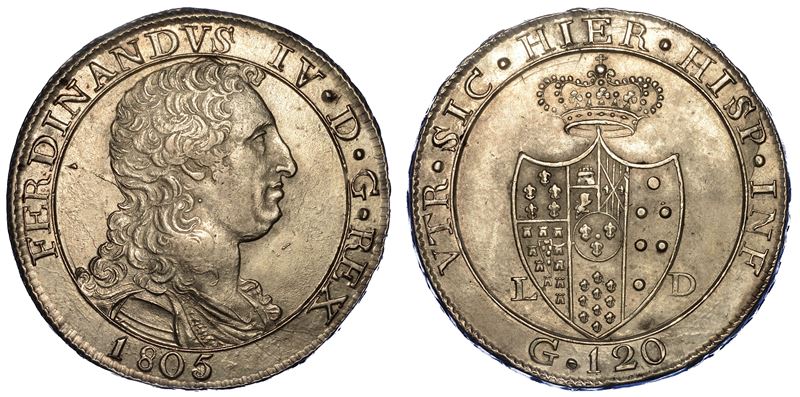 NAPOLI. FERDINANDO IV DI BORBONE, 1759-1816. Piastra da 120 Grana 1805.  - Asta Numismatica - Cambi Casa d'Aste