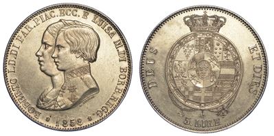 Parma. Roberto di Borbone - Reggenza della Madre Luisa Maria, 1854-1859. 5 Lire 1858.