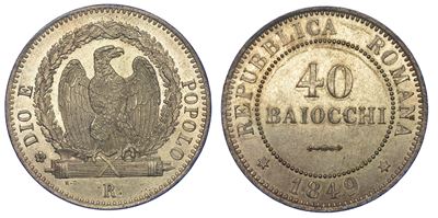 Roma. Seconda Repubblica Romana, 1848-1849. 40 Baiocchi 1849.