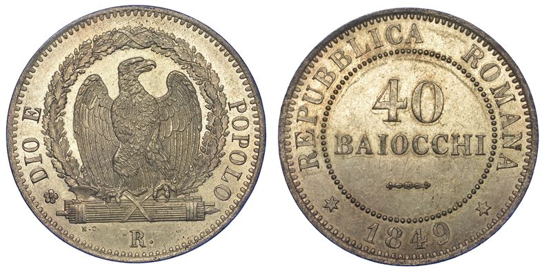 ROMA. SECONDA REPUBBLICA ROMANA, 1848-1849. 40 Baiocchi 1849.  - Auction Numismatics - Cambi Casa d'Aste