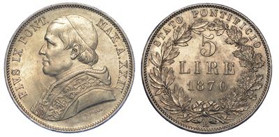 Roma. Pio IX, 1846-1878. 5 Lire 1870/a. XXIV.