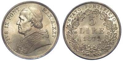 Roma. Pio IX, 1846-1878. 5 Lire 1870/a. XXV.