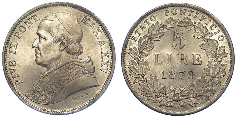 ROMA. PIO IX, 1846-1878. 5 Lire 1870/A. XXV.  - Auction Numismatics - Cambi Casa d'Aste