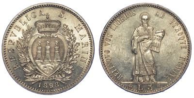 San Marino. Vecchia Monetazione, 1864-1938. 5 Lire 1898.