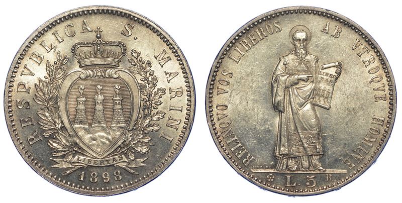 SAN MARINO. VECCHIA MONETAZIONE, 1864-1938. 5 Lire 1898.  - Auction Numismatics - Cambi Casa d'Aste