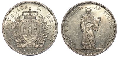 San Marino. Vecchia Monetazione, 1864-1938. 5 Lire 1898.