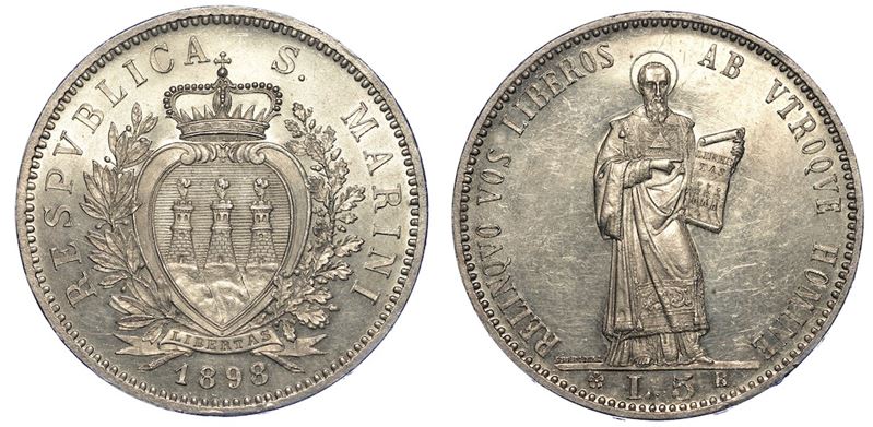 SAN MARINO. VECCHIA MONETAZIONE, 1864-1938. 5 Lire 1898.  - Auction Numismatics - Cambi Casa d'Aste