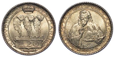 San Marino. Vecchia Monetazione, 1864-1938. 20 Lire 1931.