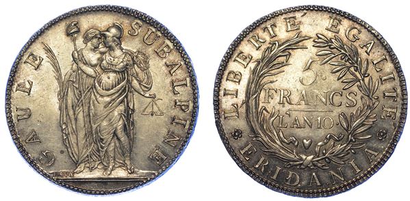 TORINO. REPUBBLICA SUBALPINA, 1800-1802. 5 Franchi A. 10.