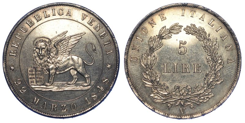 VENEZIA. GOVERNO PROVVISORIO DI VENEZIA, 1848-1849. 5 Lire 1848 (I tipo).  - Auction Numismatics - Cambi Casa d'Aste