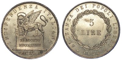 Venezia. Governo Provvisorio di Venezia, 1848-1849. 5 Lire 1848 (II Tipo).