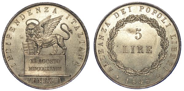 VENEZIA. GOVERNO PROVVISORIO DI VENEZIA, 1848-1849. 5 Lire 1848 (II tipo).