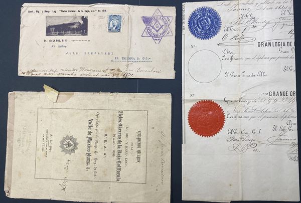 1874, Messico, Diploma per un iscritto alla gran Loggia e del supremo consiglio del Messico, Grande oriente recante due sigilli, blu e rosso. Un regolamento di 20 pagine e una busta affrancata con 10 pesos blu con a lato un timbro e 6 stelle.
