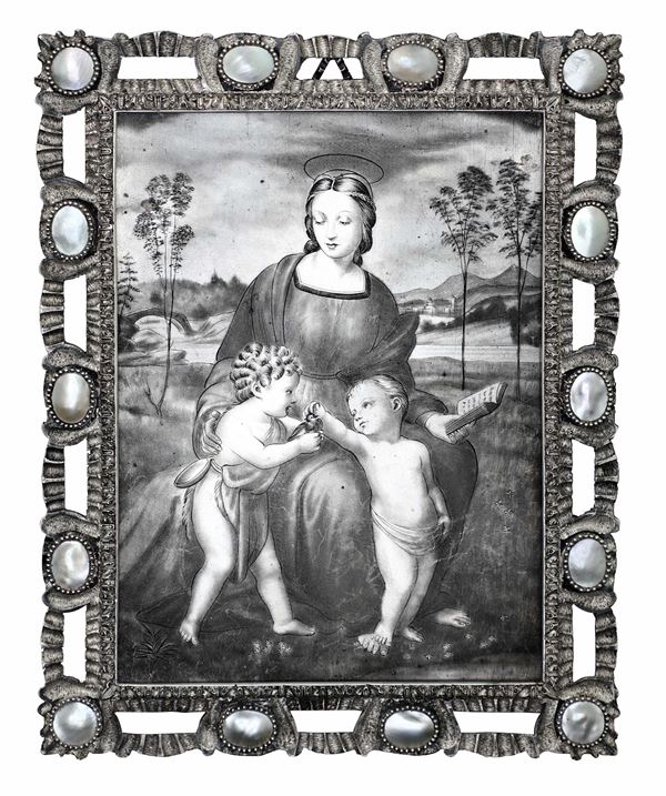 Madonna del Cardellino da Raffaello, Atelier Mario Buccellati. Italia, metà del XX secolo. Sul retro iscrizione "inciso nella bottega di Mario Buccellati" e dedica con data "8 aprile 1908 8 aprile 1958",  g lordi 280. cm 15x12