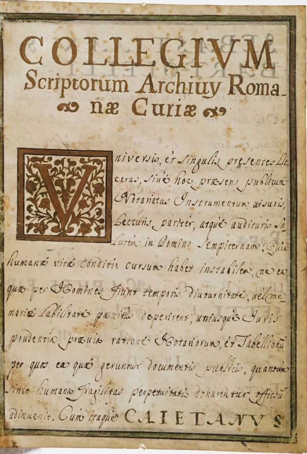 Legatura alle armi- Manoscritto su pergamena Collegium Scriptorium Archivi Romanae Curiae...Roma 1722