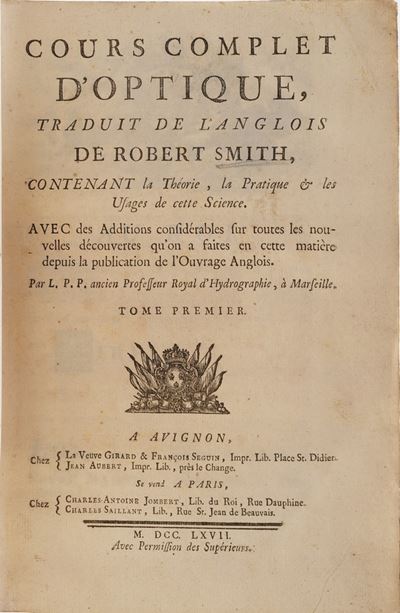 Smith, Robert Cours Complet D'optique... Due Volumi, Avignon, Chez la Veuve Girard, 1767