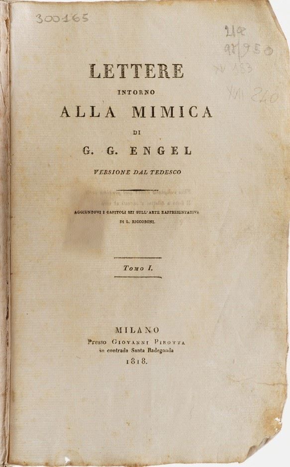 Engel G.G. Lettere intorno alla mimica... aggiunto di capitoli 6 sull'arte rappresentativa di L. Riccoboni. II volumi. Milano, Pirotta, 1818