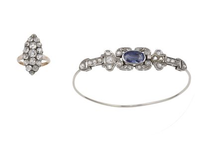 Anello a Marquise con Diamanti di Vecchio Taglio e Bracciale Rigido (ex Fermezza) con Zaffiro e D...