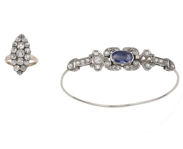 Anello a marquise con diamanti di vecchio taglio e bracciale rigido (ex fermezza) con zaffiro e diamanti di vecchio taglio