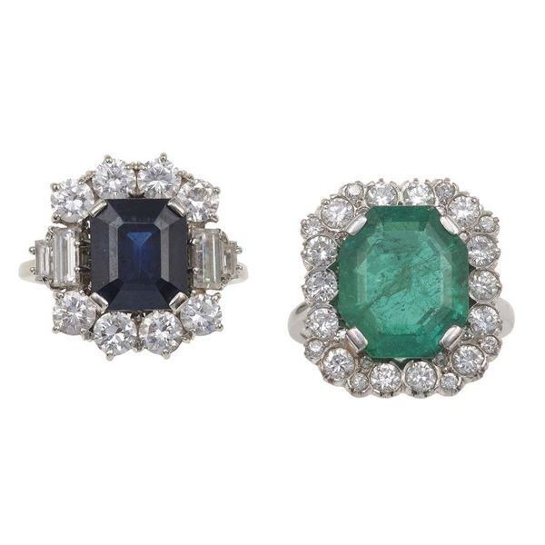 Emerald and sapphire diamond rings
