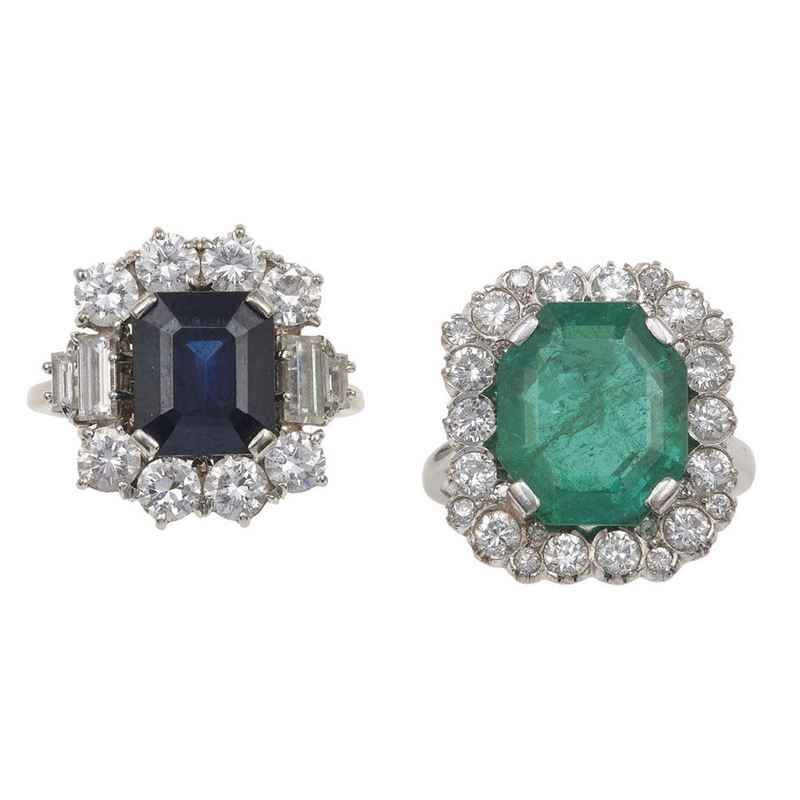 Anello con smeraldo ed anello con zaffiro con diamanti a contorno  - Asta Vintage Jewellery - Cambi Casa d'Aste