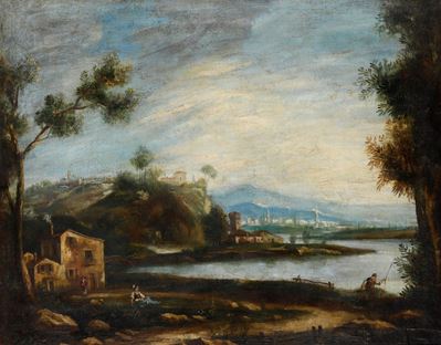 Paesaggio Fluviale con Pescatori e Contadini