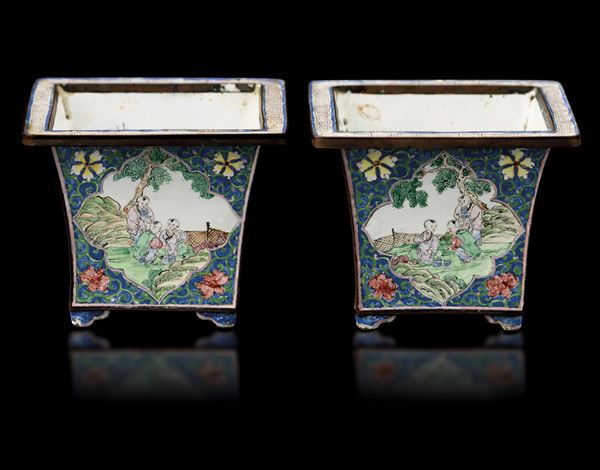 Pair of small square enamel garden boxes with figures of wise men and naturalistic subjects within shaped reserves and floral decorations, China, Republic period