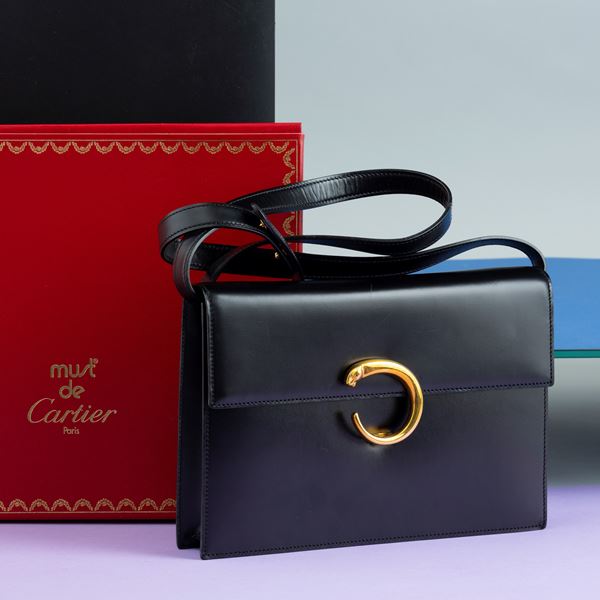 Cartier borsa tracolla in pelle nera,  scatola originale, NOS, alcune macchie sulla dustbag