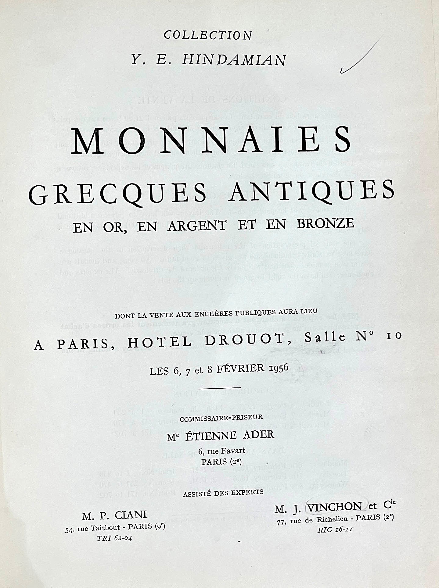 Vinchon J. Collections Y.e. Hindamian. Monnaies Grecques Antiques.