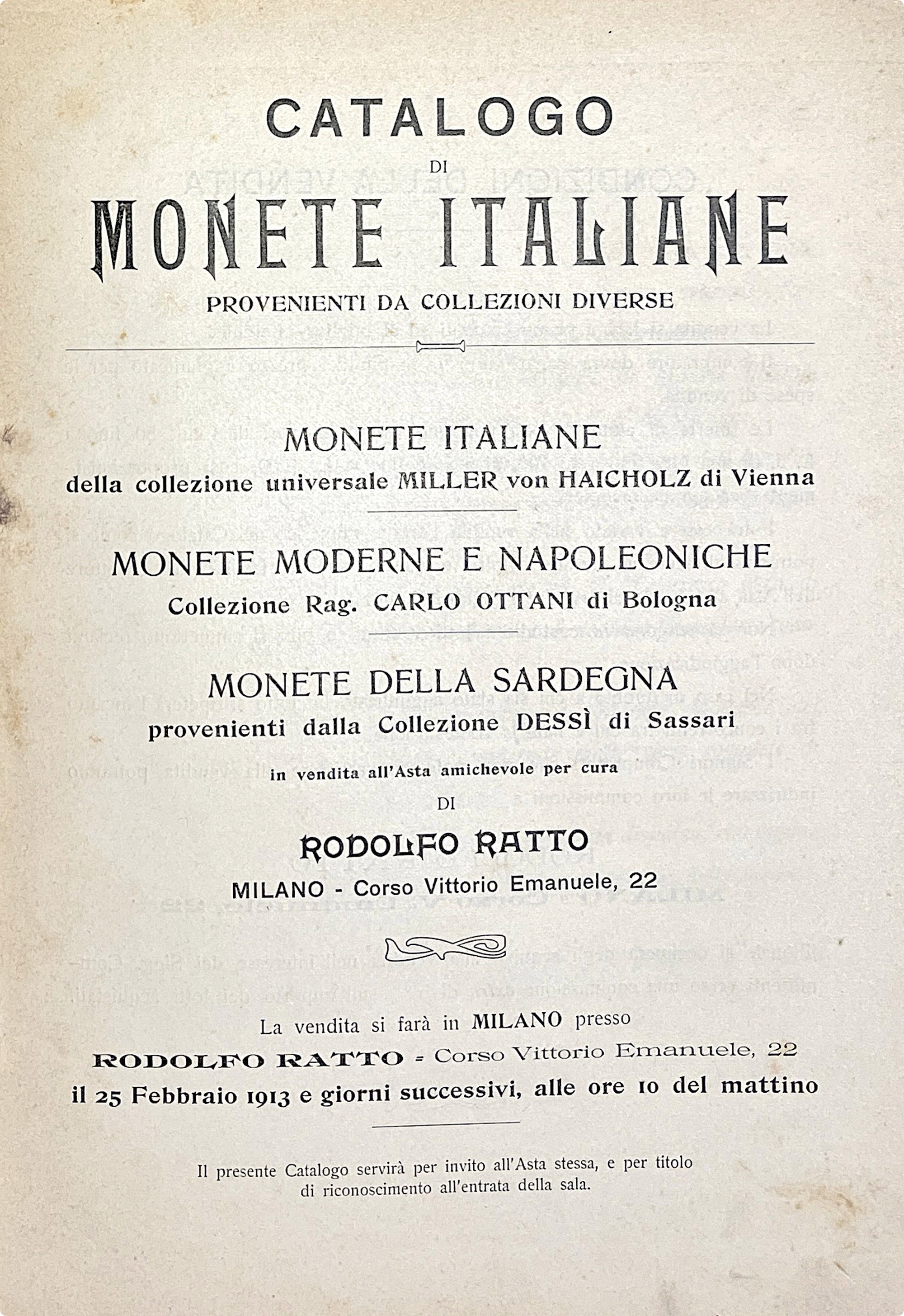 Ratto R. Catalogo di Monete Italiane Provenienti da Collezioni Diverse. Monete Italiane dalla Col...