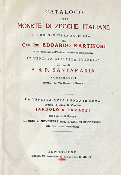 Santamaria, P. & P. Collezione Martinori. Monete di Zecche Italiane.