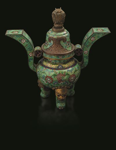 Grande Incensiere Tripode a Smalti Cloisonnè con Decori a Fiore di Loto e Coperchio con Dettagli ...