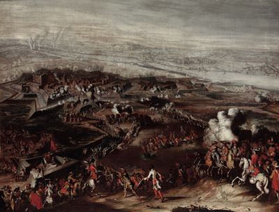 Scuola del XVII secolo, Assalto a una città fortificata, olio su tela